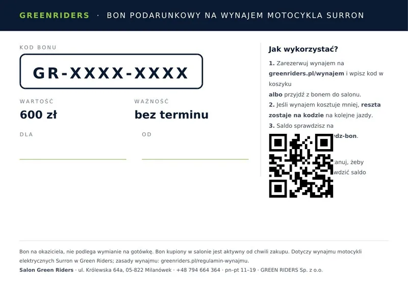 Tył bonu podarunkowego GREENRIDERS z kodem i instrukcją